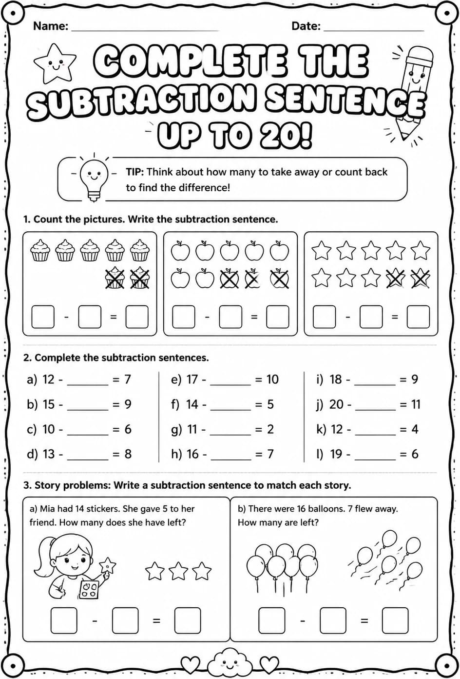 Complete the subtraction sentence - up to 20 — free printable Grade 1 math worksheet