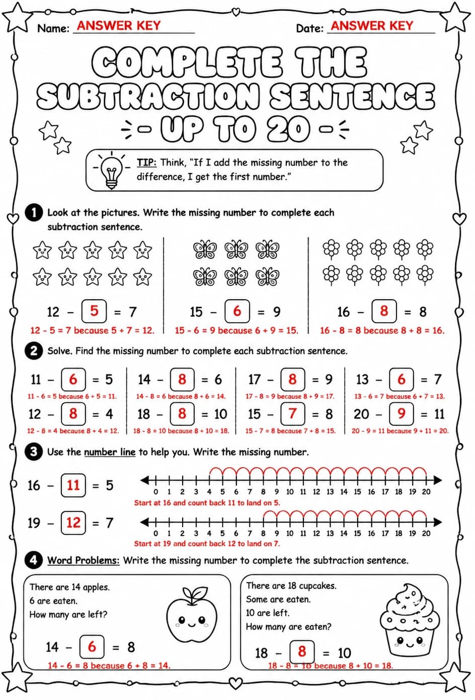 Answer key for Complete the subtraction sentence - up to 20 — free printable Math worksheet