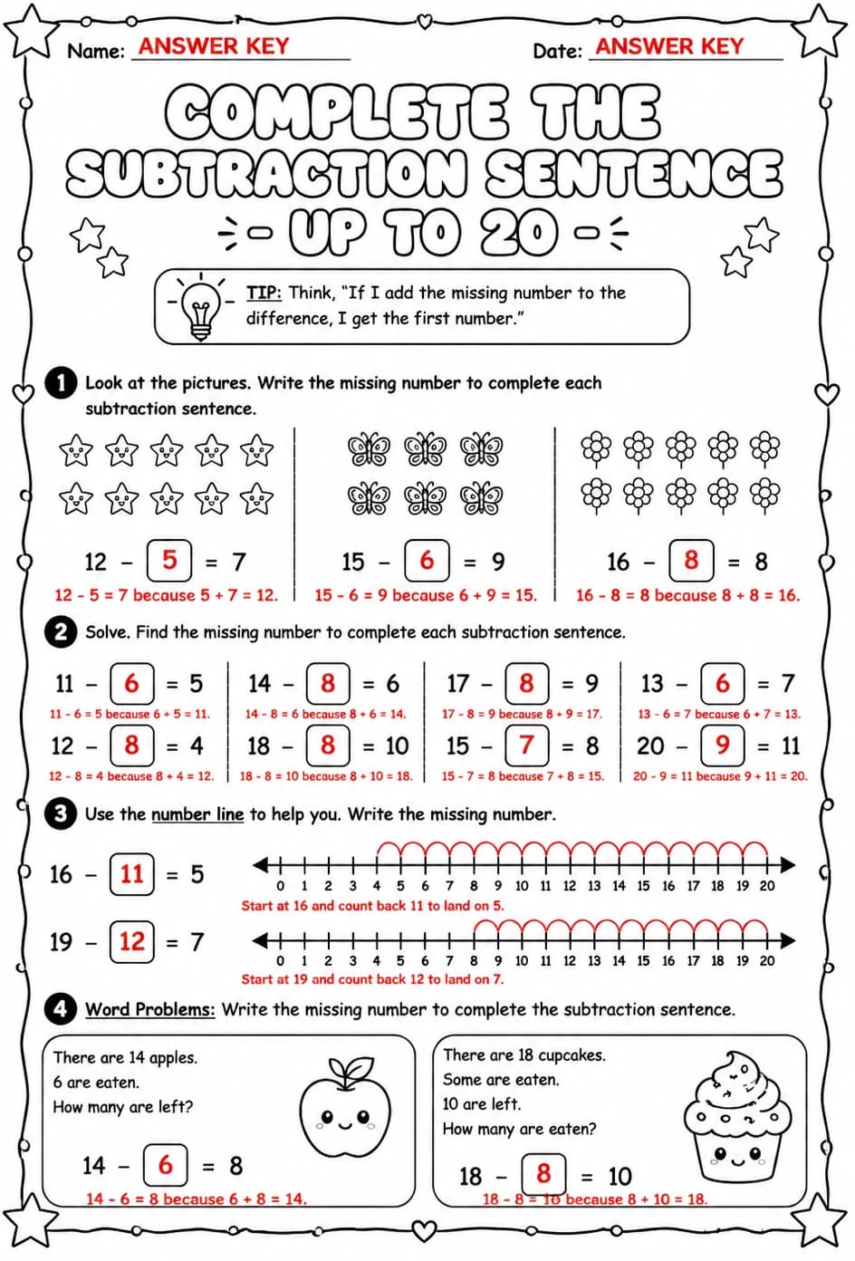 Answer key for Complete the subtraction sentence - up to 20 — free printable Math worksheet