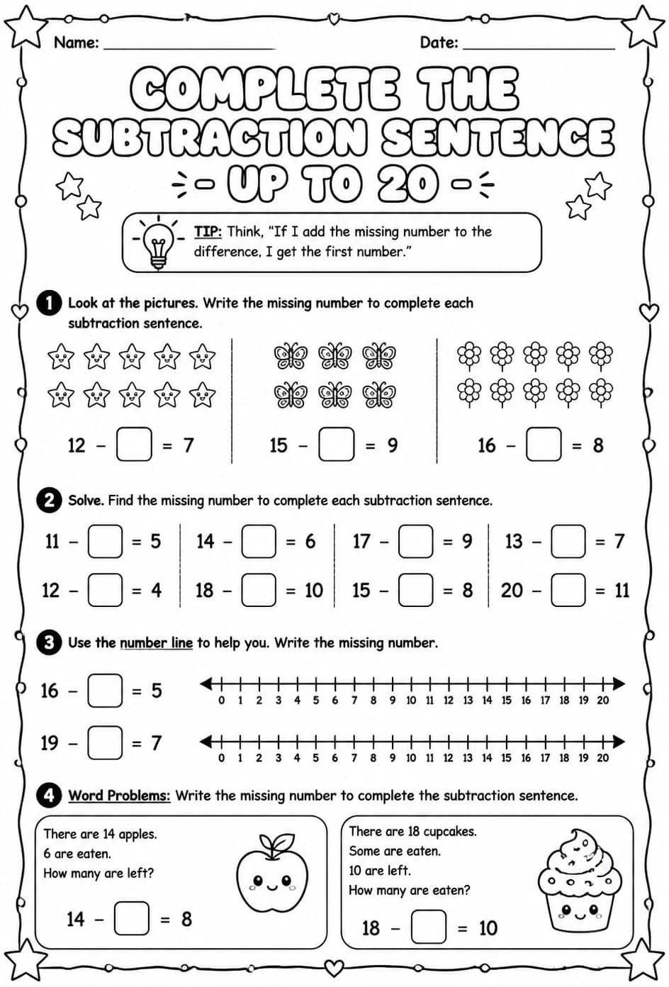 Complete the subtraction sentence - up to 20 — free printable Grade 2 math worksheet