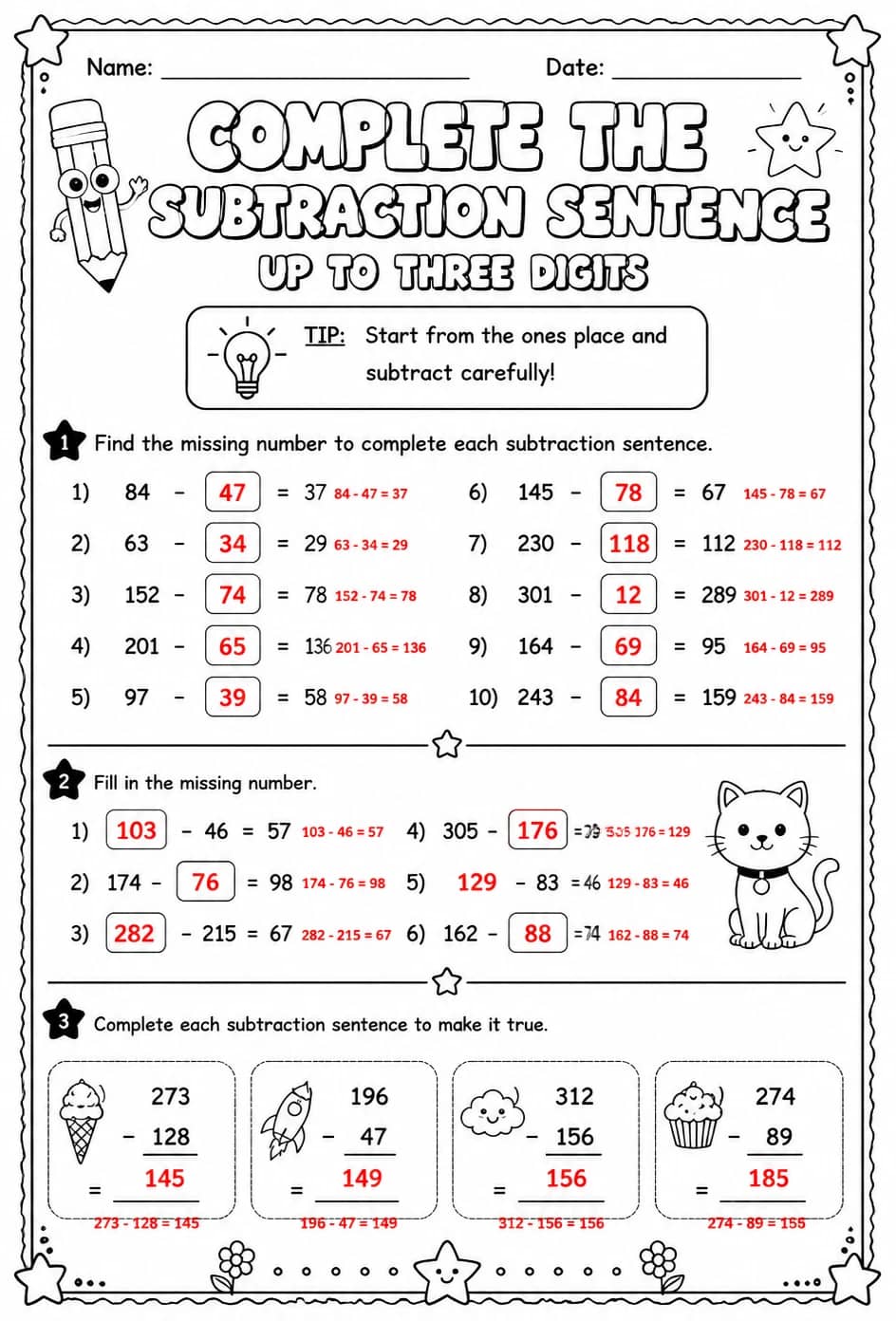 Answer key for Complete the subtraction sentence - up to three digits — free printable Math worksheet