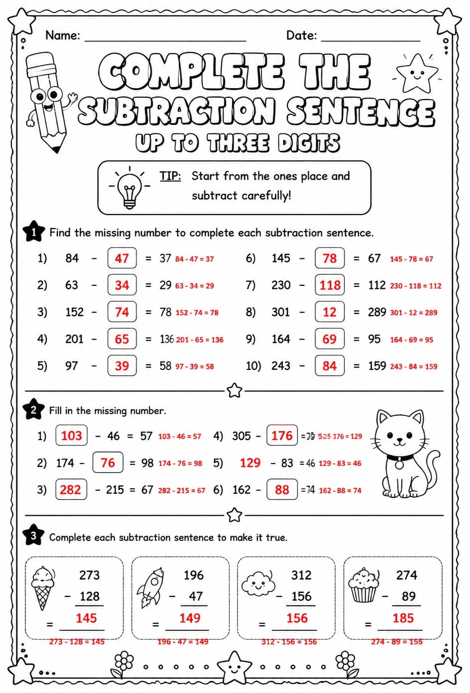 Answer key for Complete the subtraction sentence - up to three digits — free printable Math worksheet