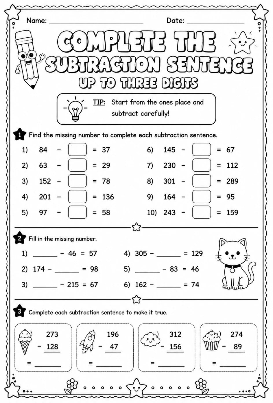 Complete the subtraction sentence - up to three digits — free printable Grade 2 math worksheet