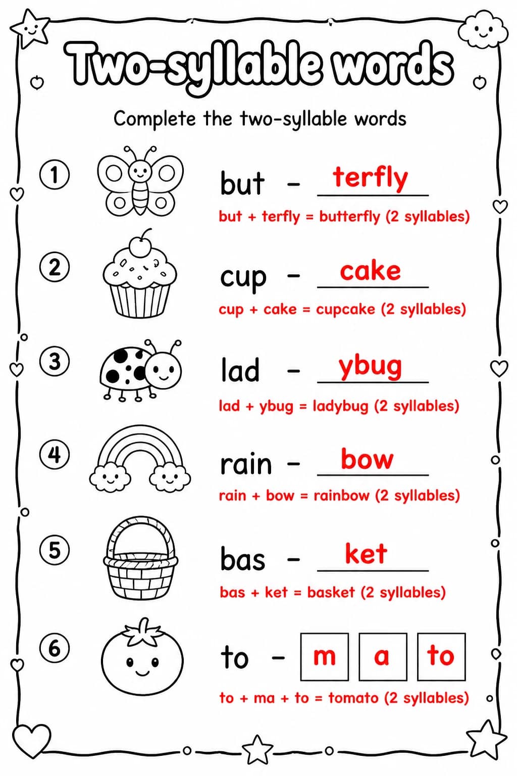 Answer key for Complete the two-syllable words — free printable English & Reading worksheet