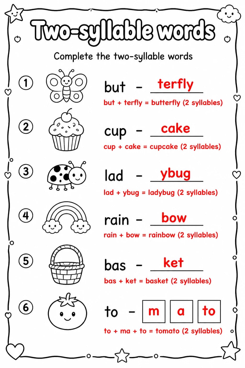 Answer key for Complete the two-syllable words — free printable English & Reading worksheet