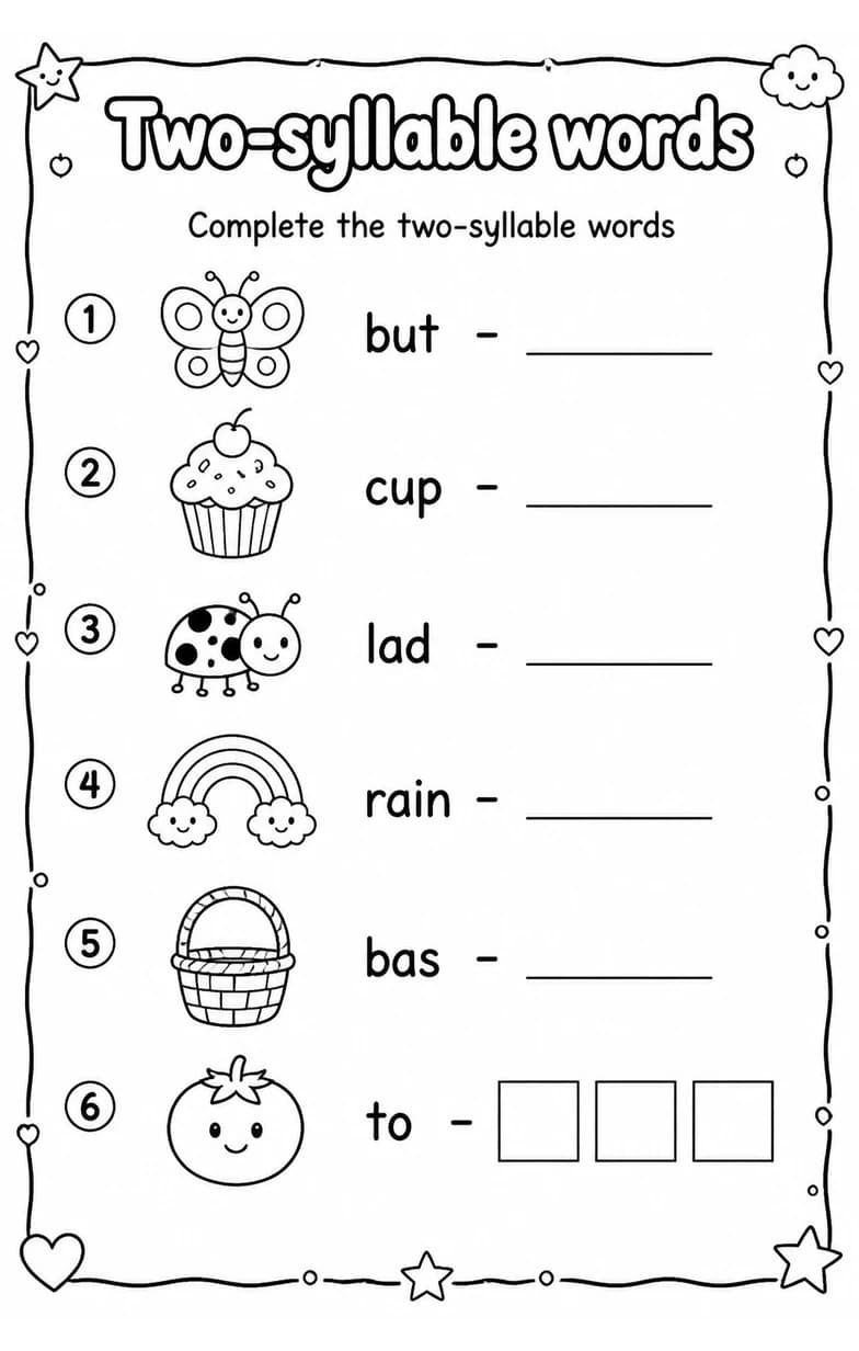 Complete the two-syllable words — free printable Grade 1 English & Reading worksheet