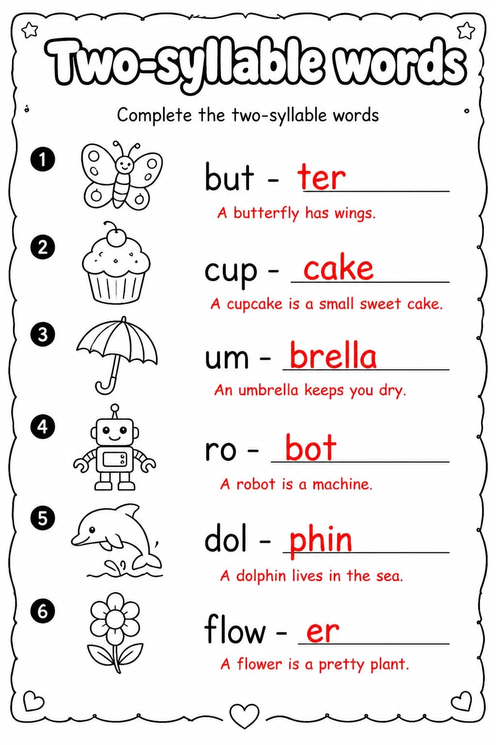 Answer key for Complete the two-syllable words — free printable English & Reading worksheet