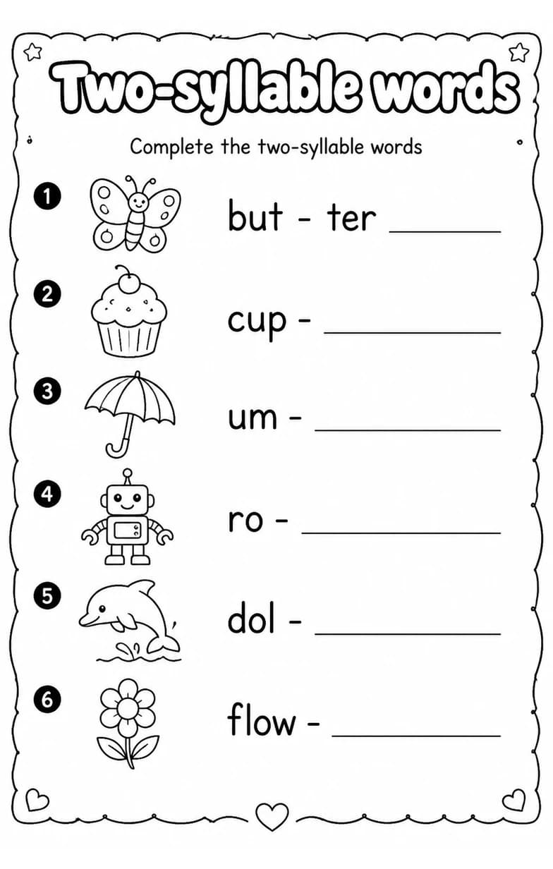 Complete the two-syllable words — free printable Grade 2 English & Reading worksheet