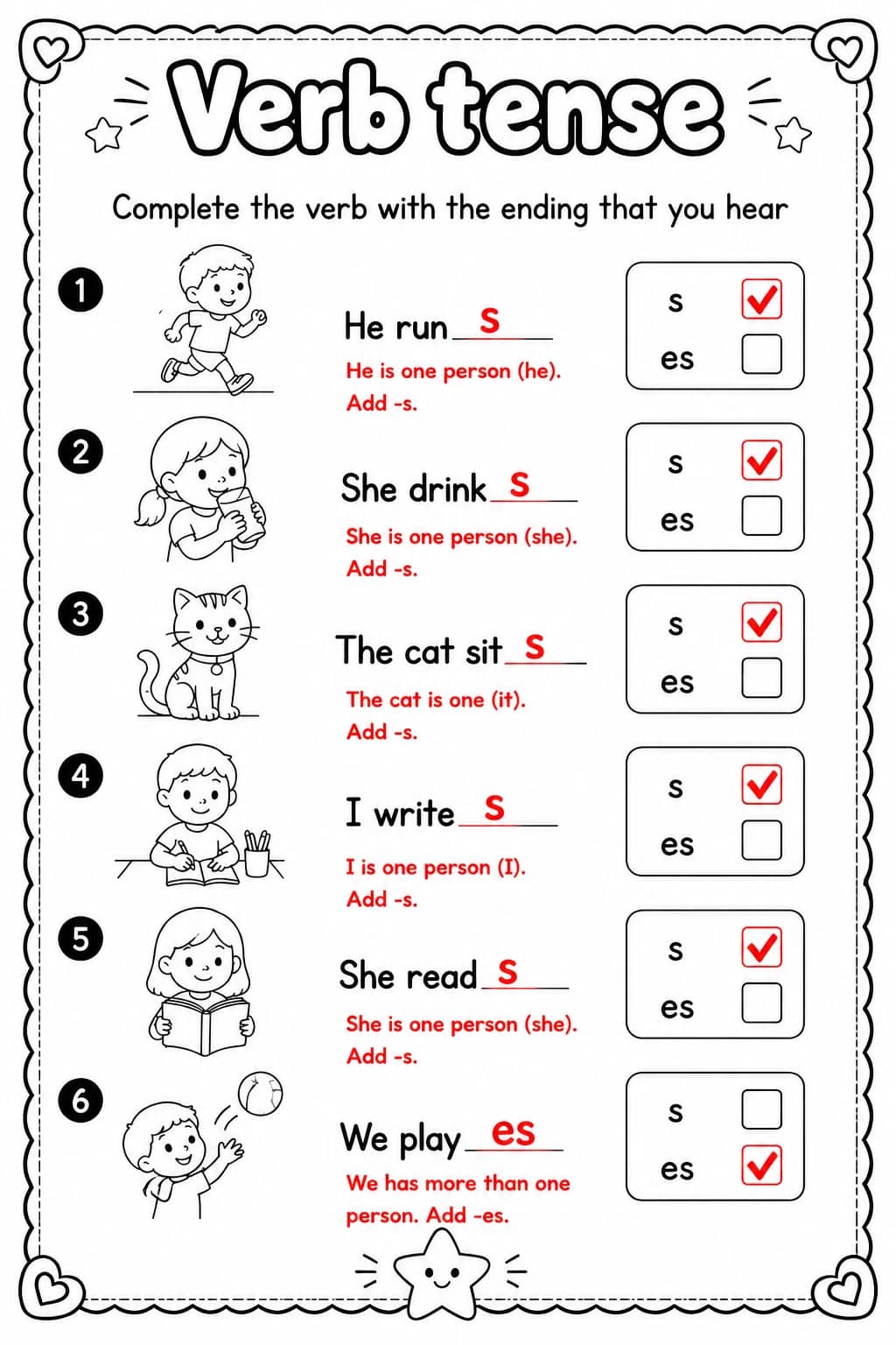 Answer key for Complete the verb with the ending that you hear — free printable English & Reading worksheet