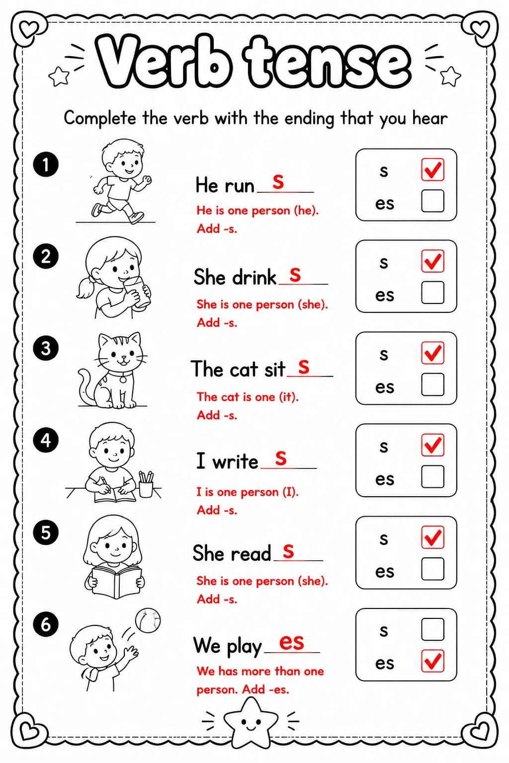 Answer key for Complete the verb with the ending that you hear — free printable English & Reading worksheet