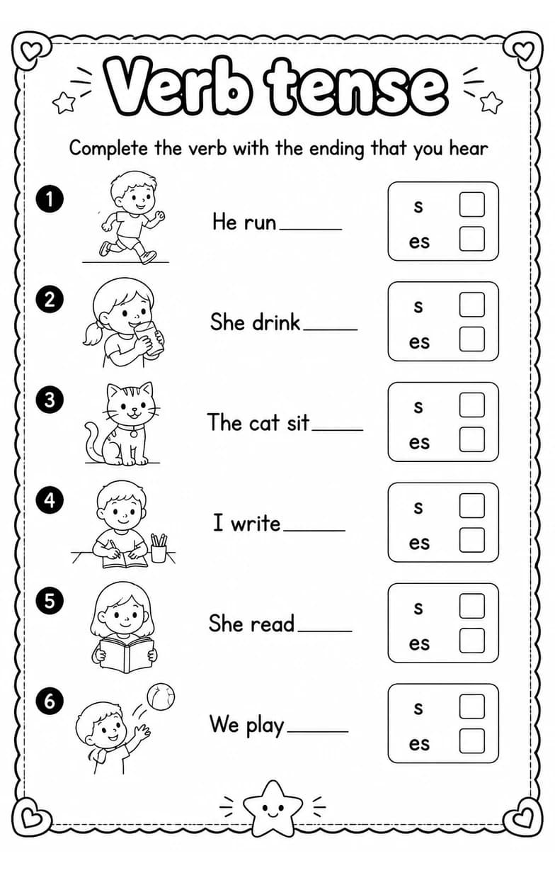Complete the verb with the ending that you hear — free printable Grade 1 English & Reading worksheet
