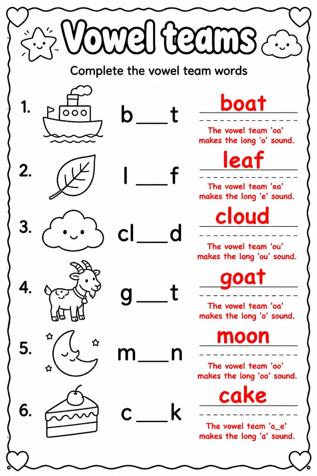 Answer key for Complete the vowel team words — free printable English & Reading worksheet