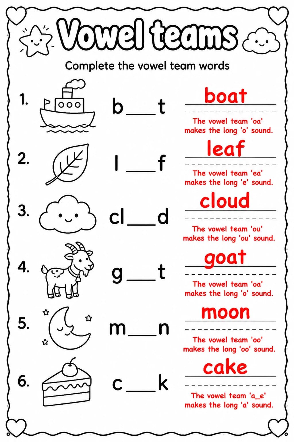 Answer key for Complete the vowel team words — free printable English & Reading worksheet
