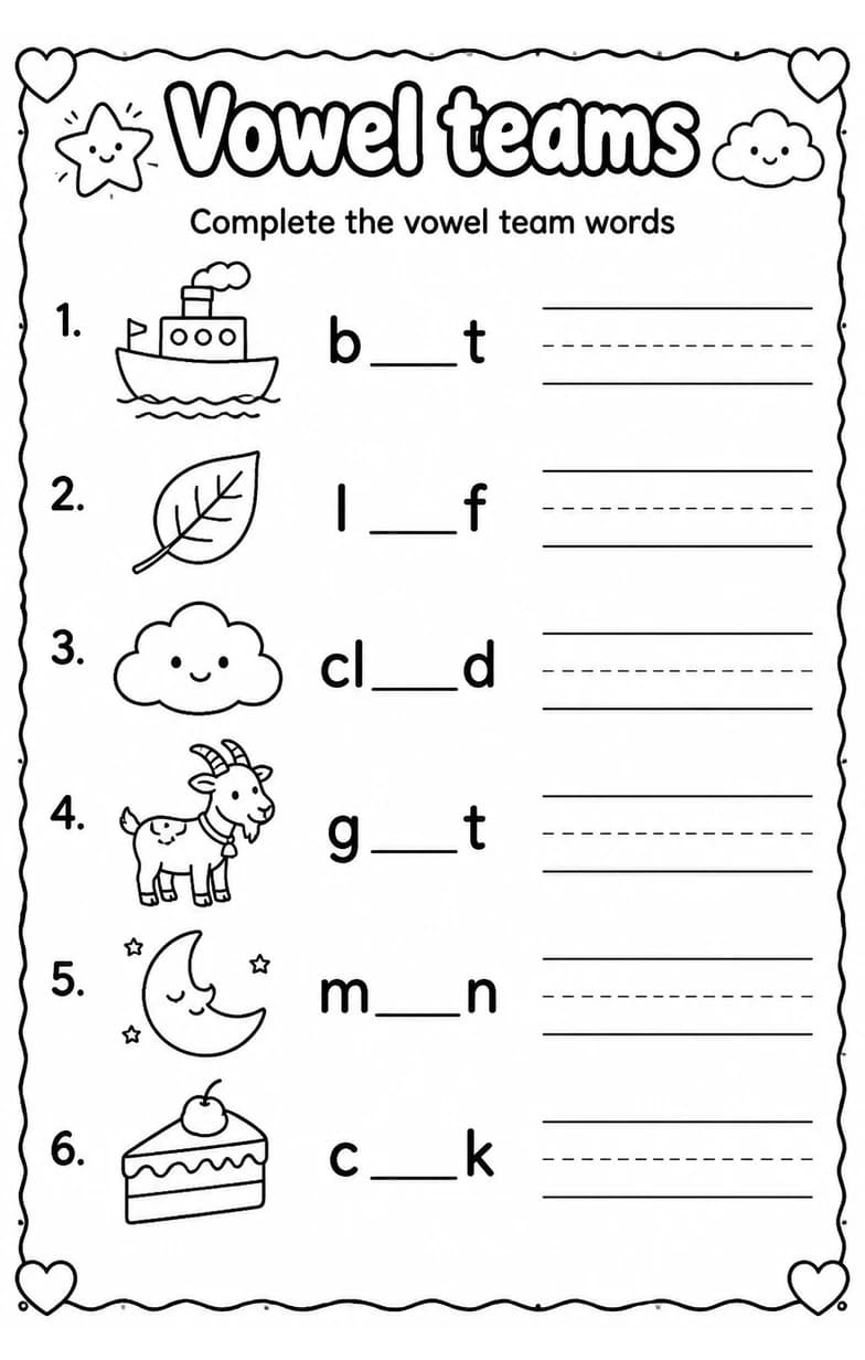 Complete the vowel team words — free printable Reading foundations English worksheet