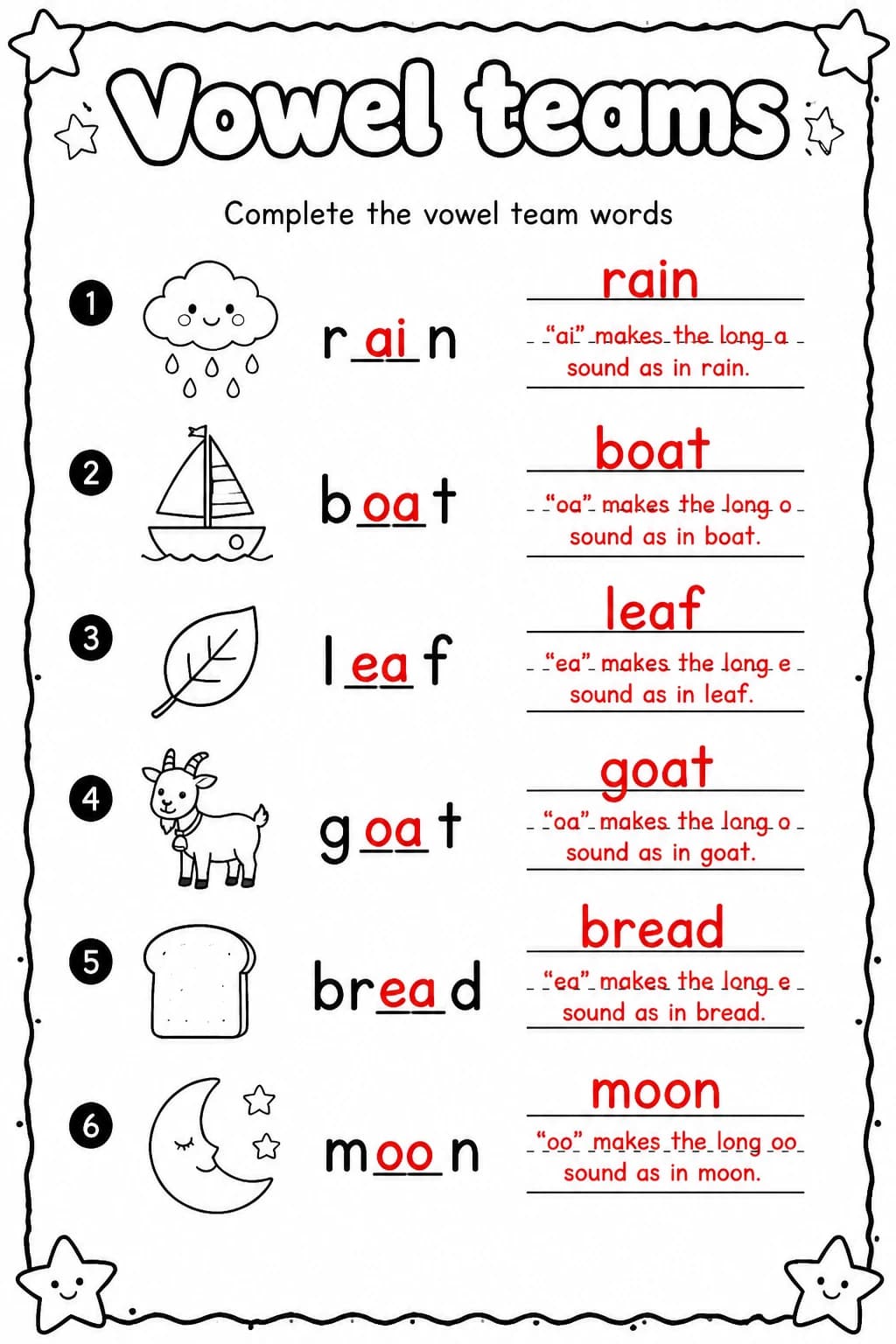 Answer key for Complete the vowel team words — free printable English & Reading worksheet