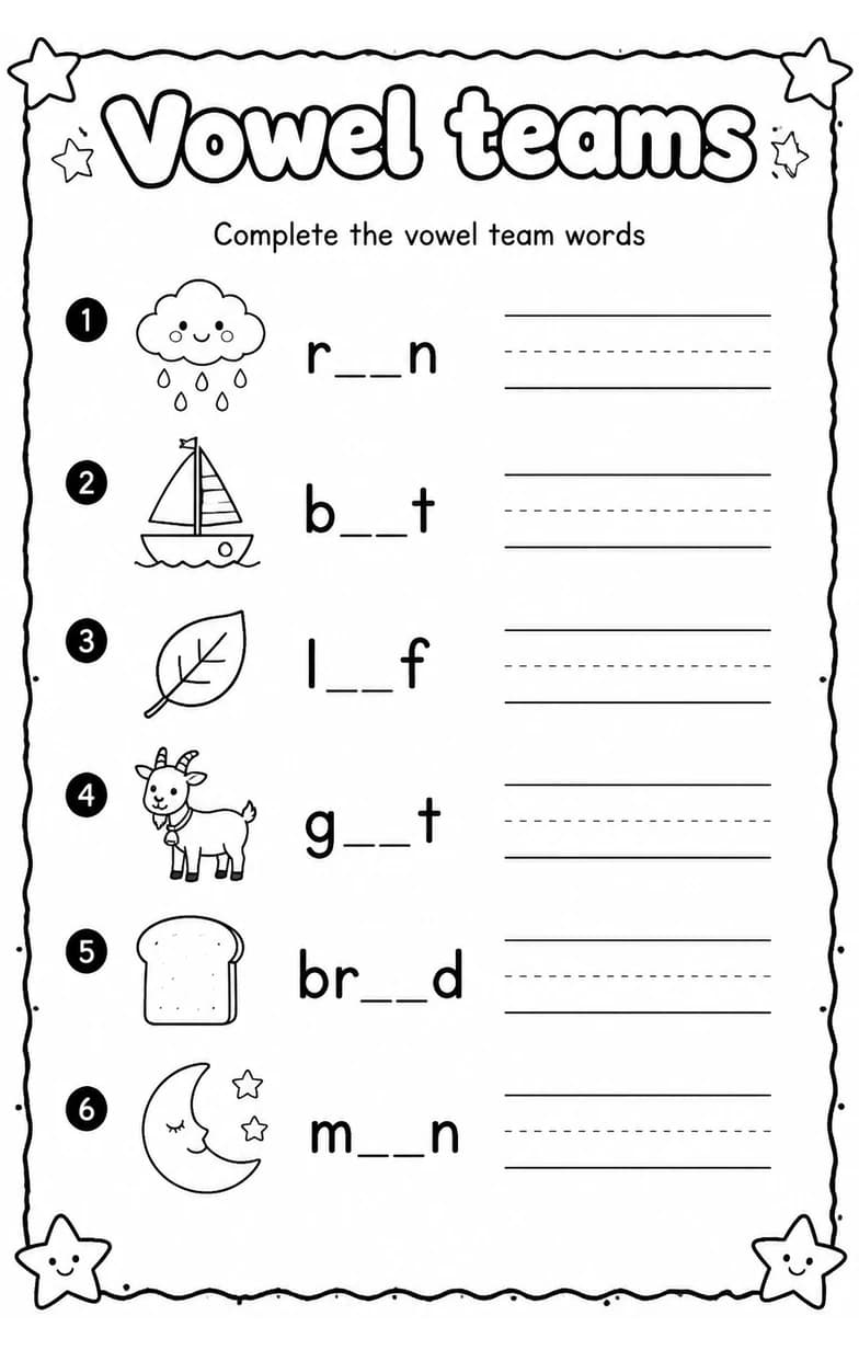 Complete the vowel team words — free printable Grade 2 English & Reading worksheet