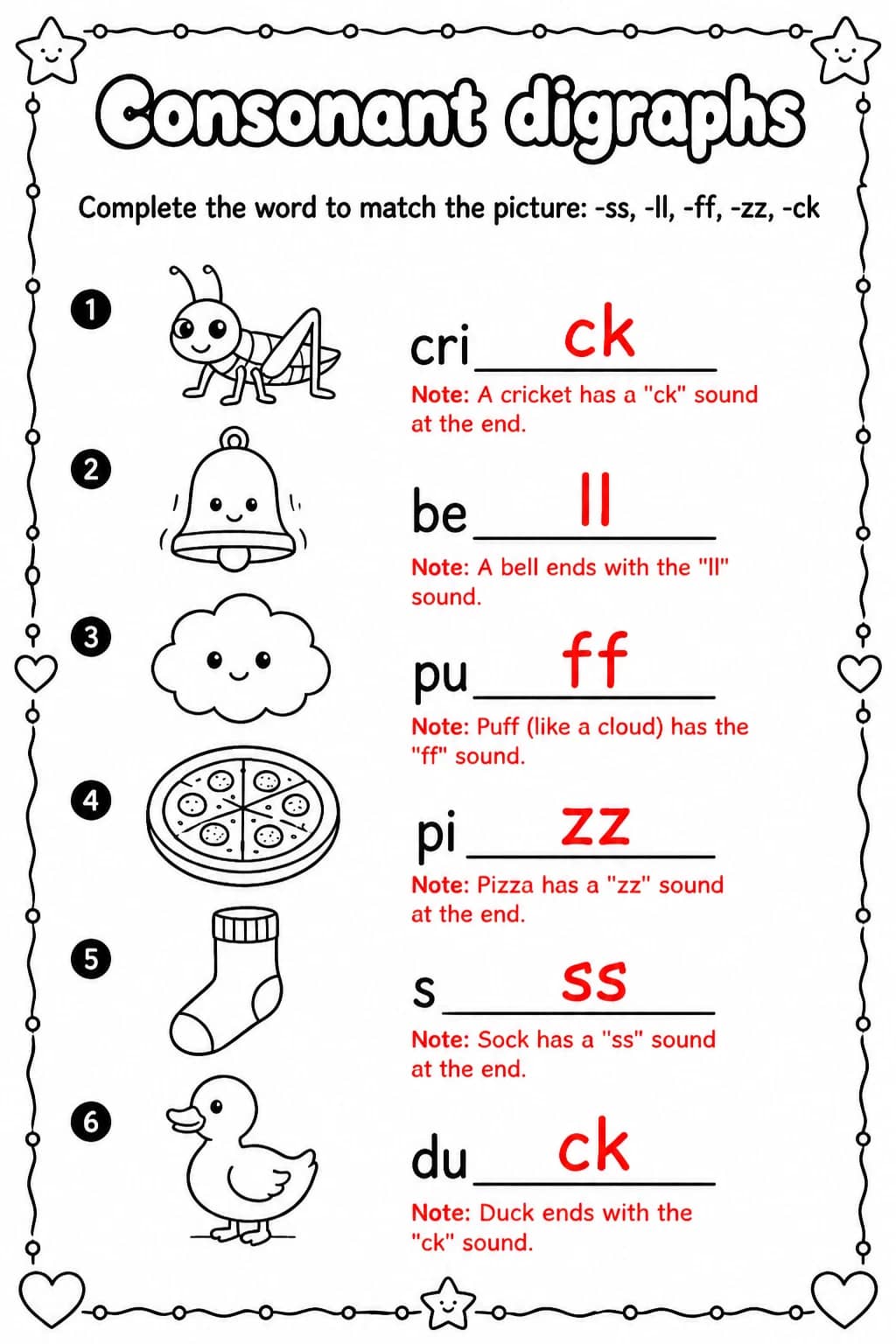 Answer key for Complete the word to match the picture: -ss, -ll, -ff, -zz, -ck — free printable English & Reading worksheet