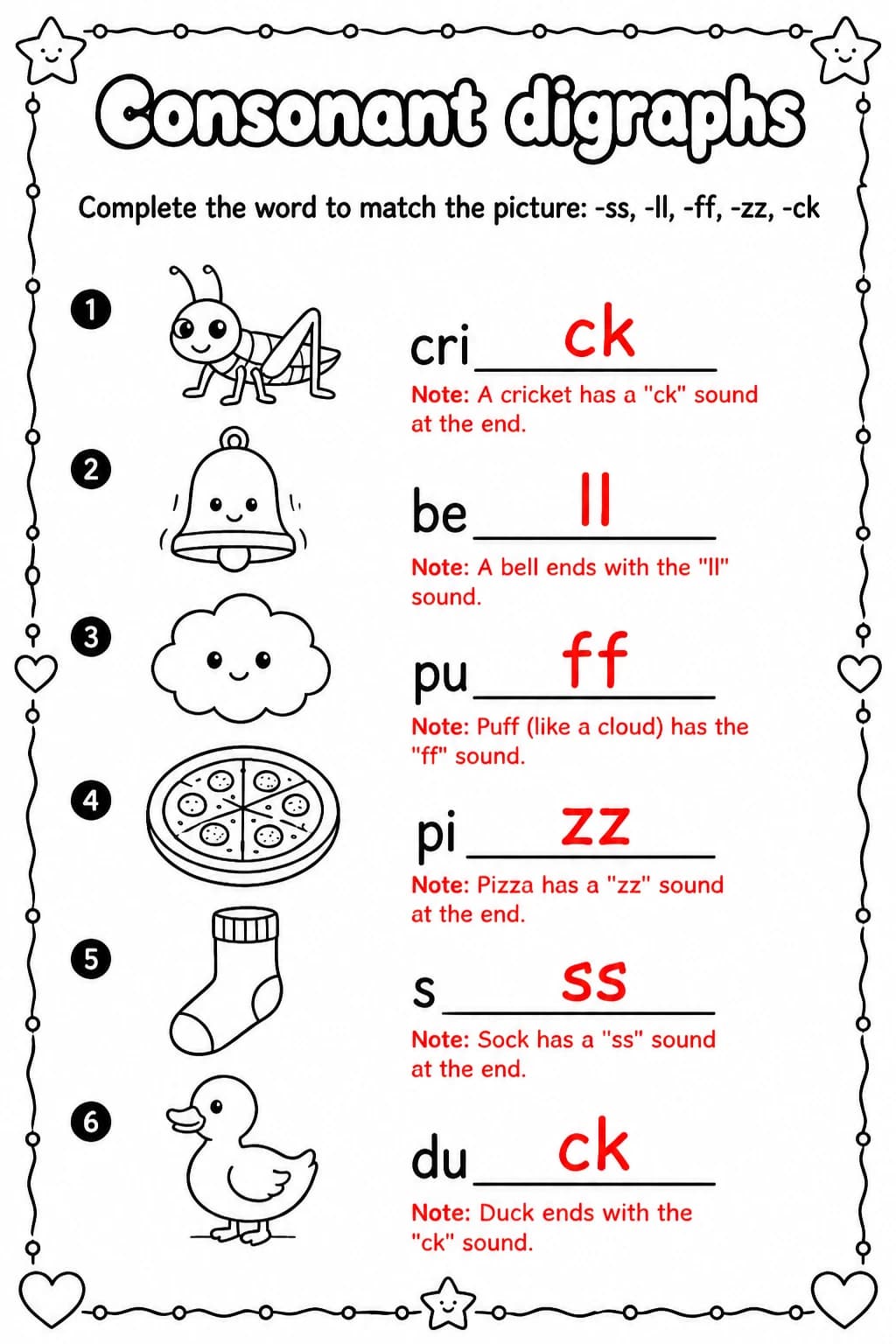 Answer key for Complete the word to match the picture: -ss, -ll, -ff, -zz, -ck — free printable English & Reading worksheet
