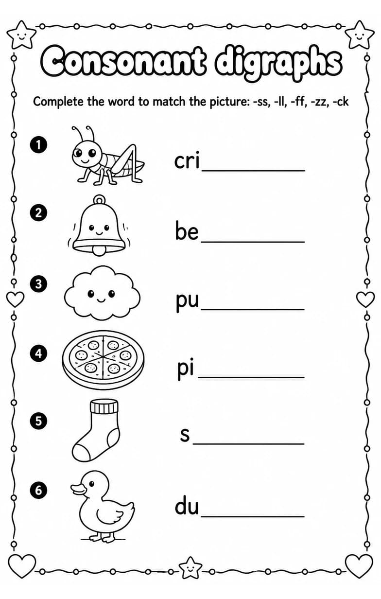 Complete the word to match the picture: -ss, -ll, -ff, -zz, -ck — free printable Grade 1 English & Reading worksheet