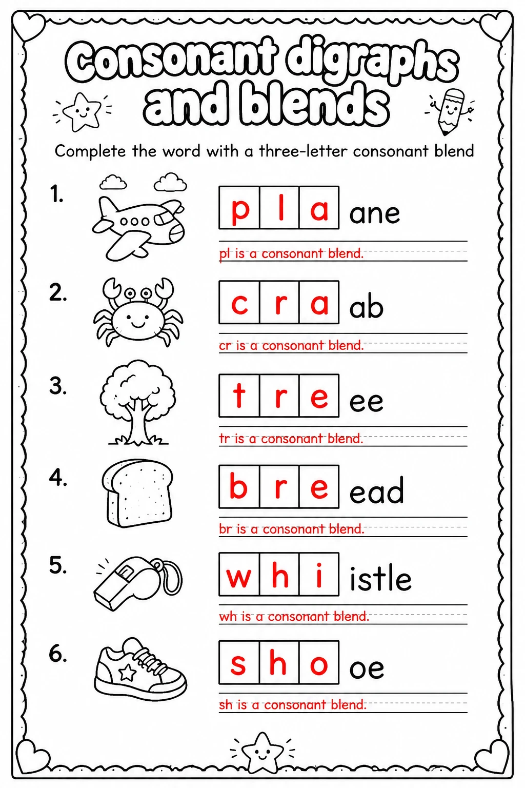 Answer key for Complete the word with a three-letter consonant blend — free printable English & Reading worksheet