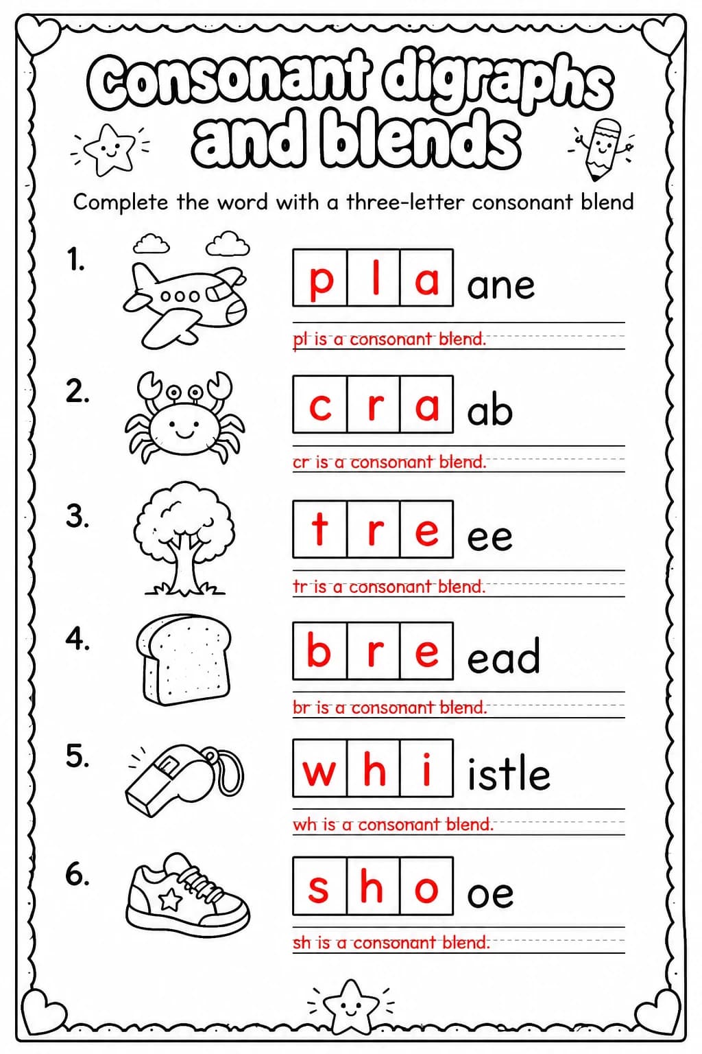 Answer key for Complete the word with a three-letter consonant blend — free printable English & Reading worksheet