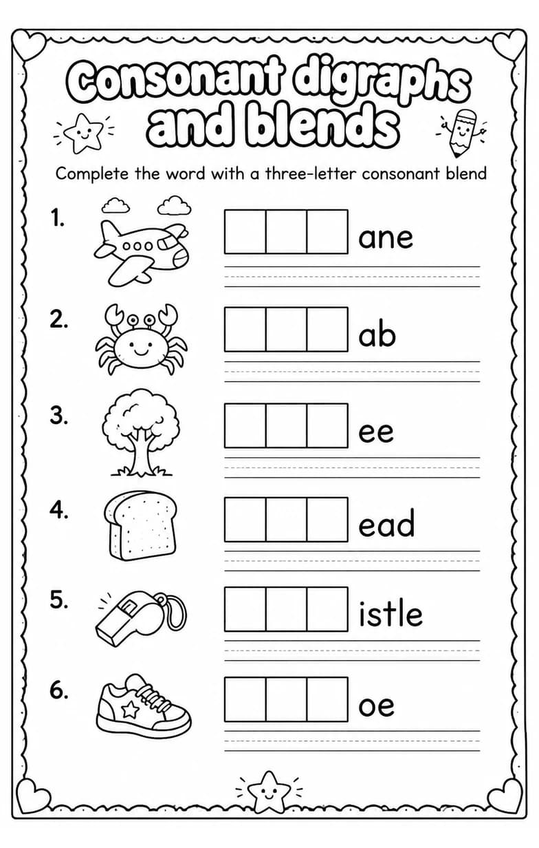 Complete the word with a three-letter consonant blend — free printable Reading foundations English worksheet