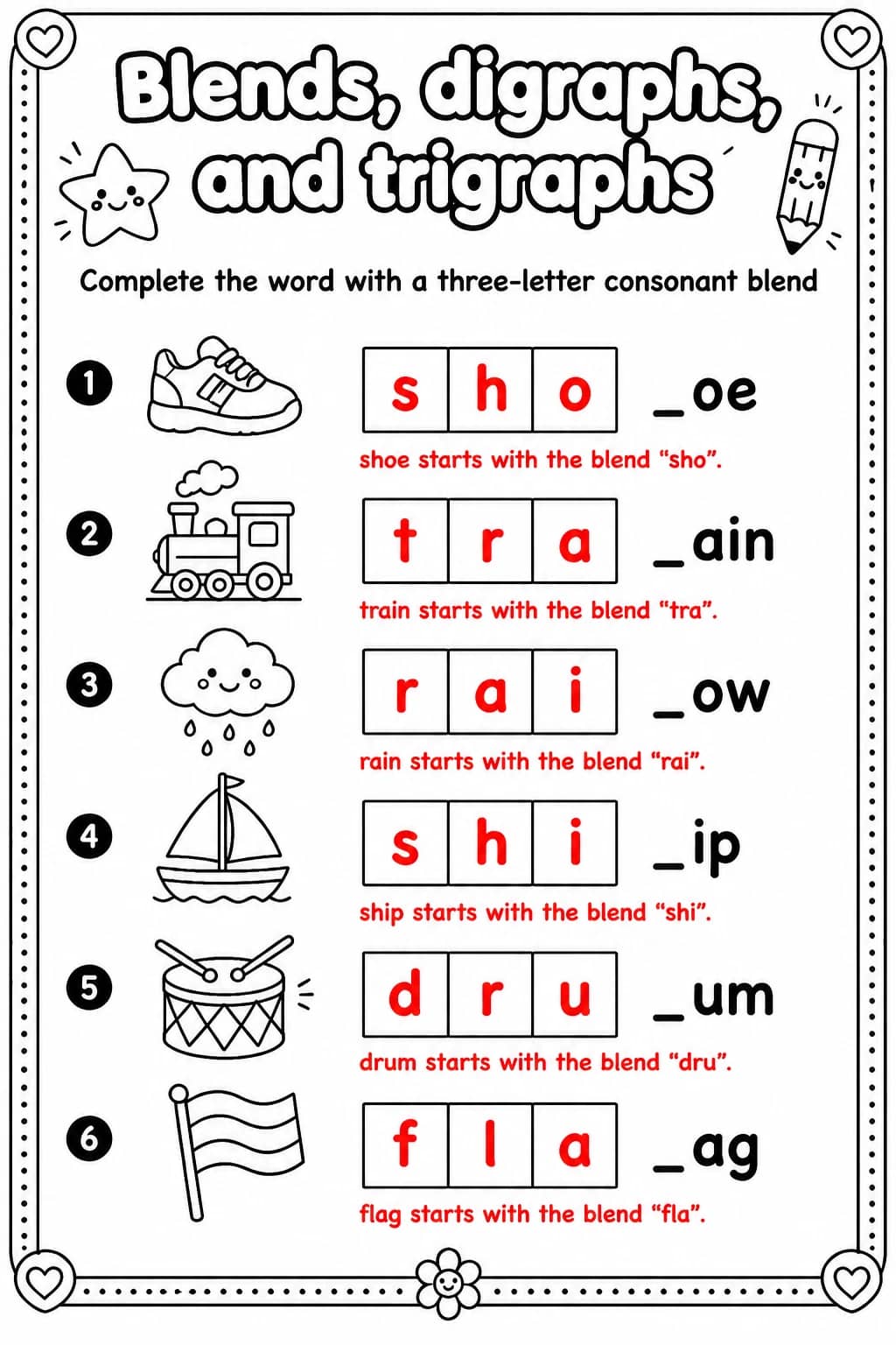 Answer key for Complete the word with a three-letter consonant blend — free printable English & Reading worksheet