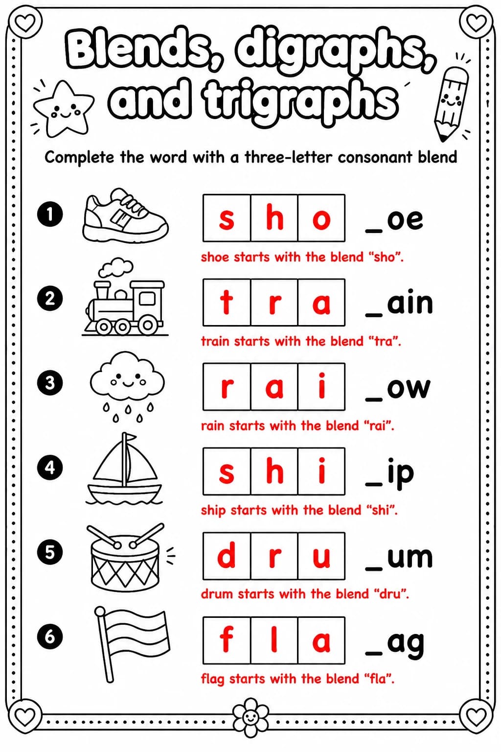 Answer key for Complete the word with a three-letter consonant blend — free printable English & Reading worksheet