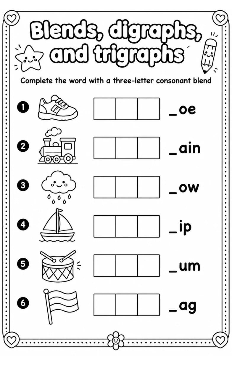 Complete the word with a three-letter consonant blend — free printable Grade 3 English & Reading worksheet