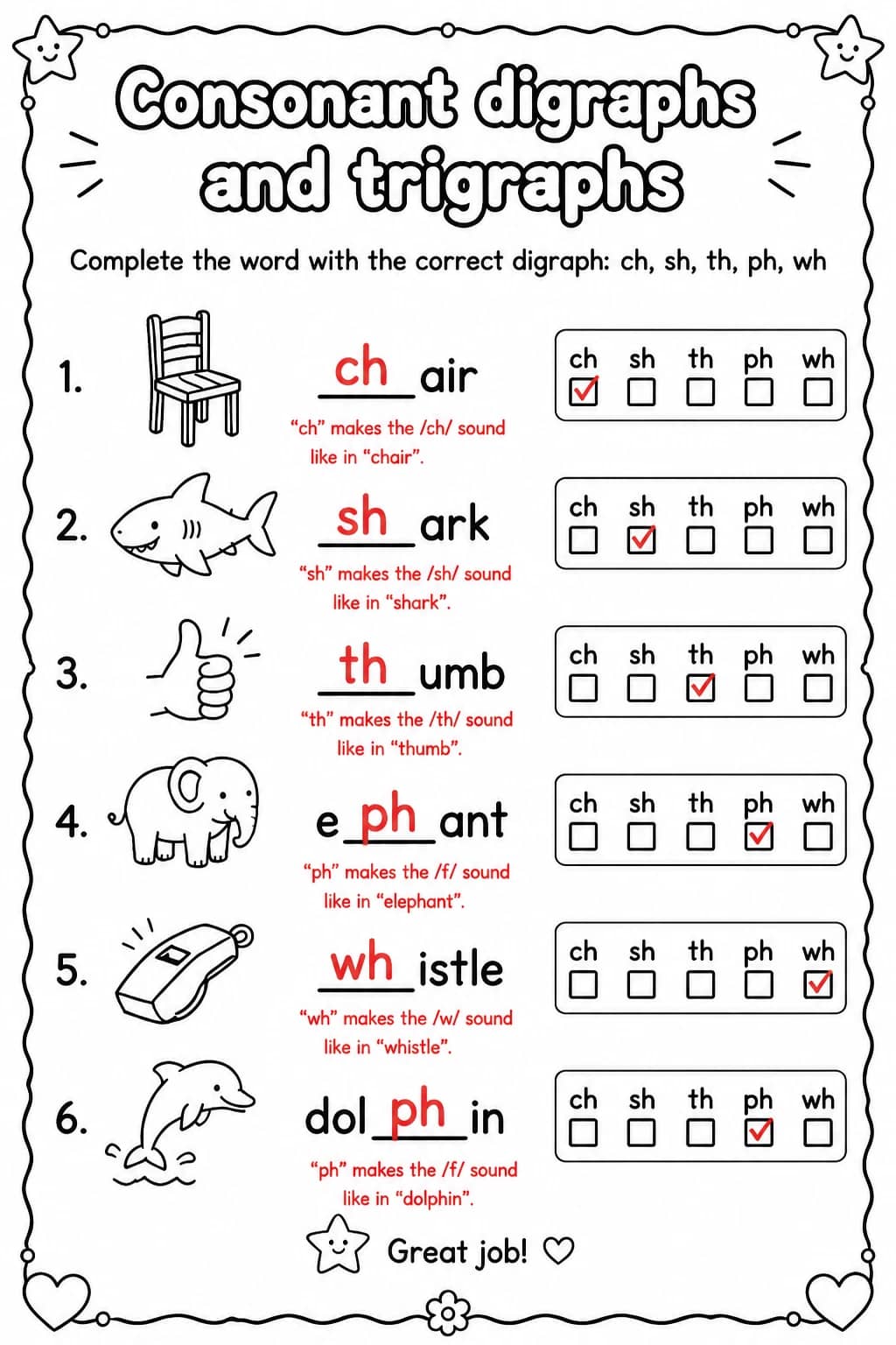 Answer key for Complete the word with the correct digraph: ch, sh, th, ph, wh — free printable English & Reading worksheet
