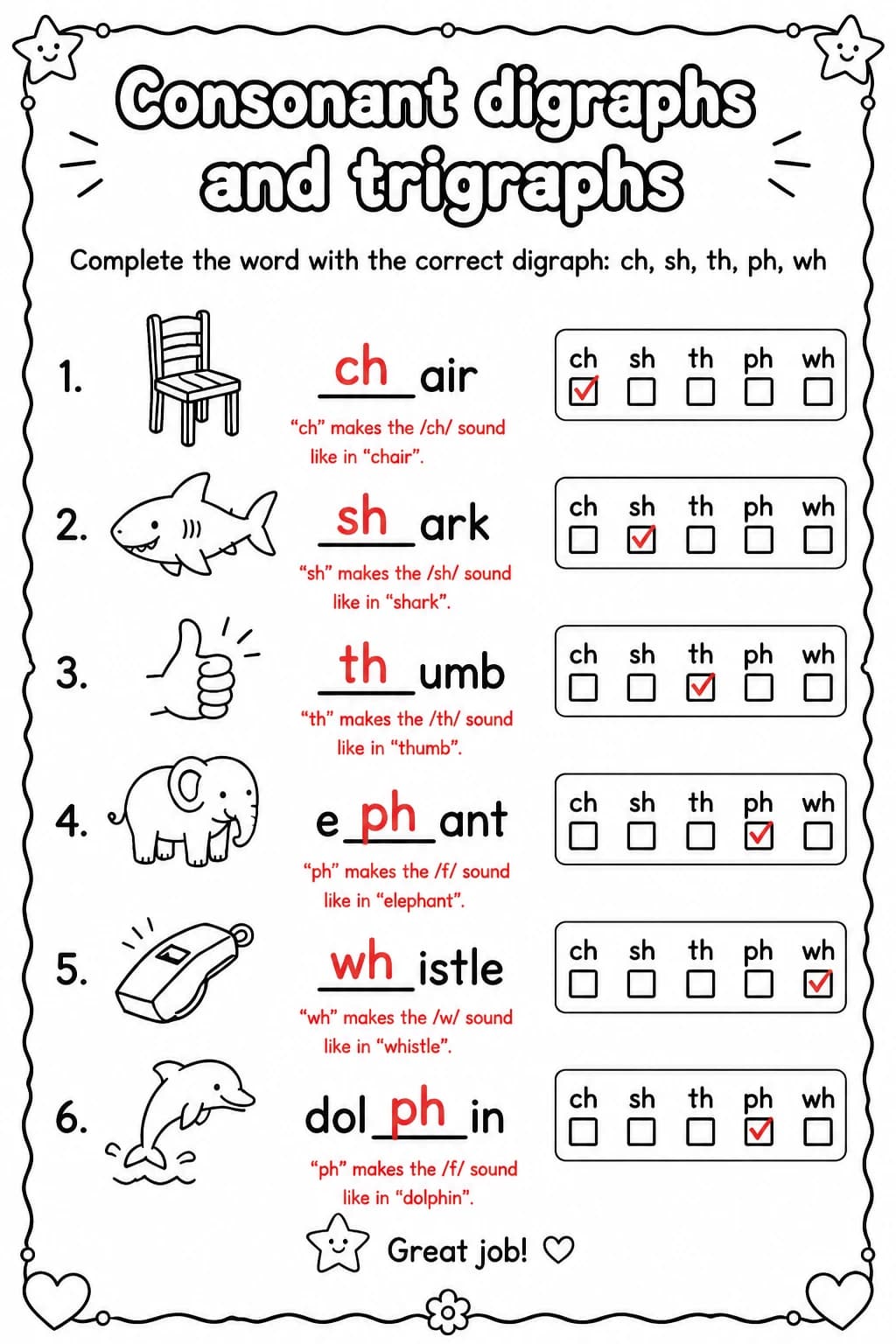 Answer key for Complete the word with the correct digraph: ch, sh, th, ph, wh — free printable English & Reading worksheet