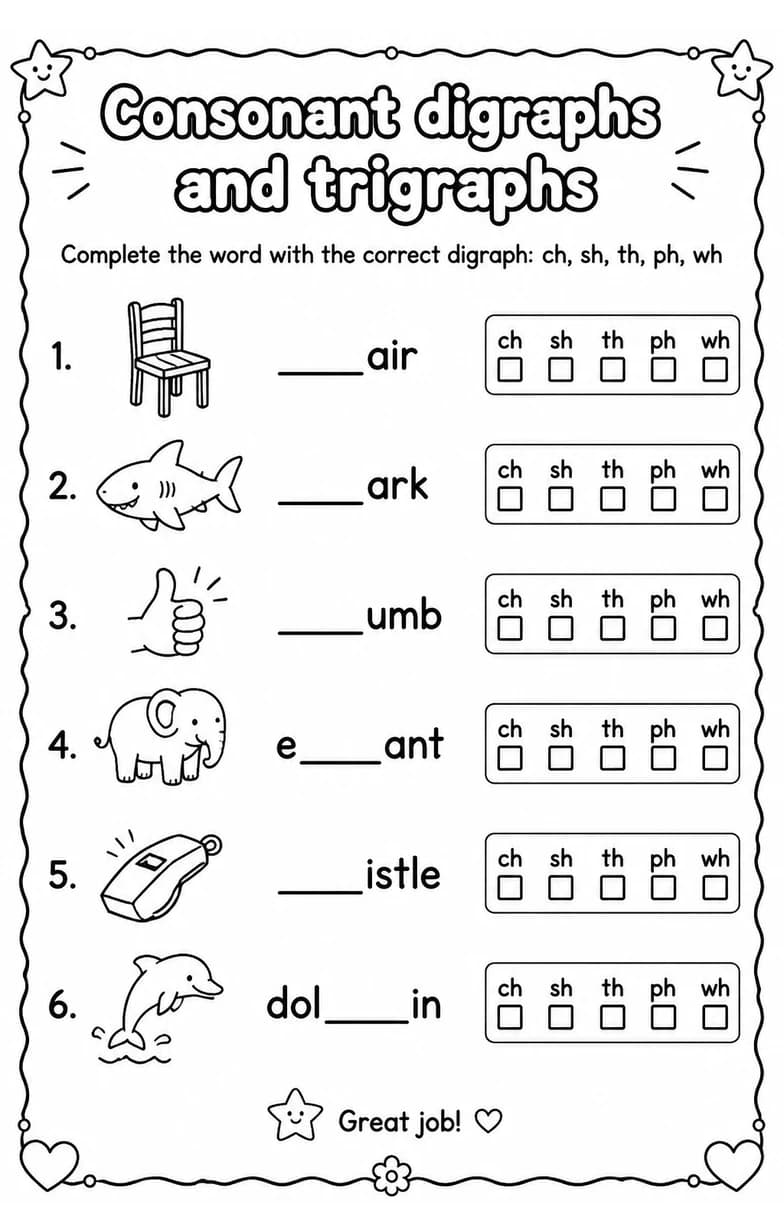 Complete the word with the correct digraph: ch, sh, th, ph, wh — free printable Reading foundations English worksheet