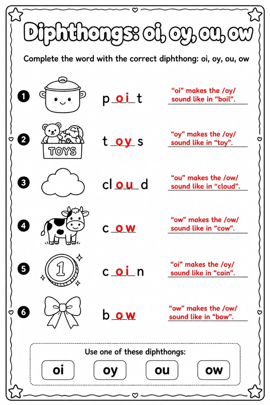 Answer key for Complete the word with the correct diphthong: oi, oy, ou, ow — free printable English & Reading worksheet