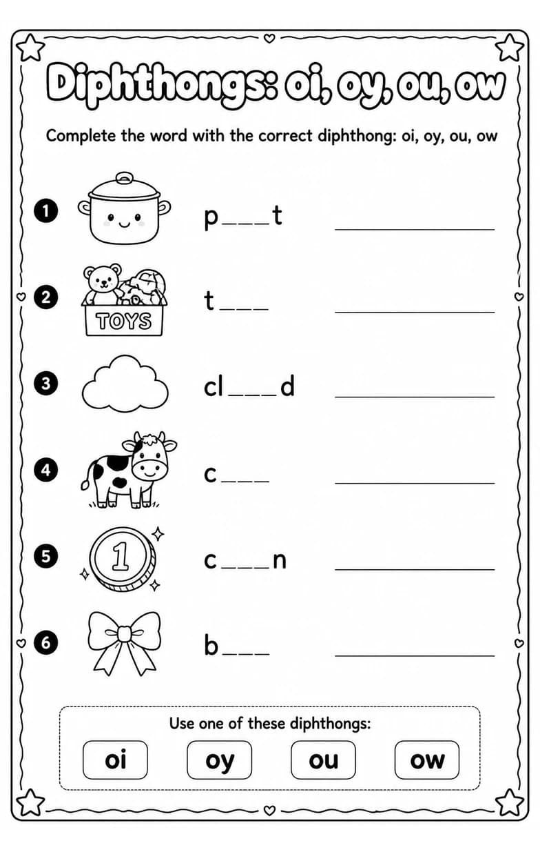 Complete the word with the correct diphthong: oi, oy, ou, ow — free printable Grade 2 English & Reading worksheet