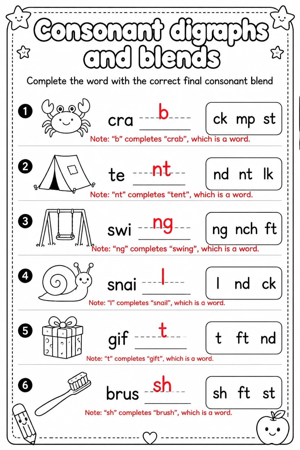 Answer key for Complete the word with the correct final consonant blend — free printable English & Reading worksheet