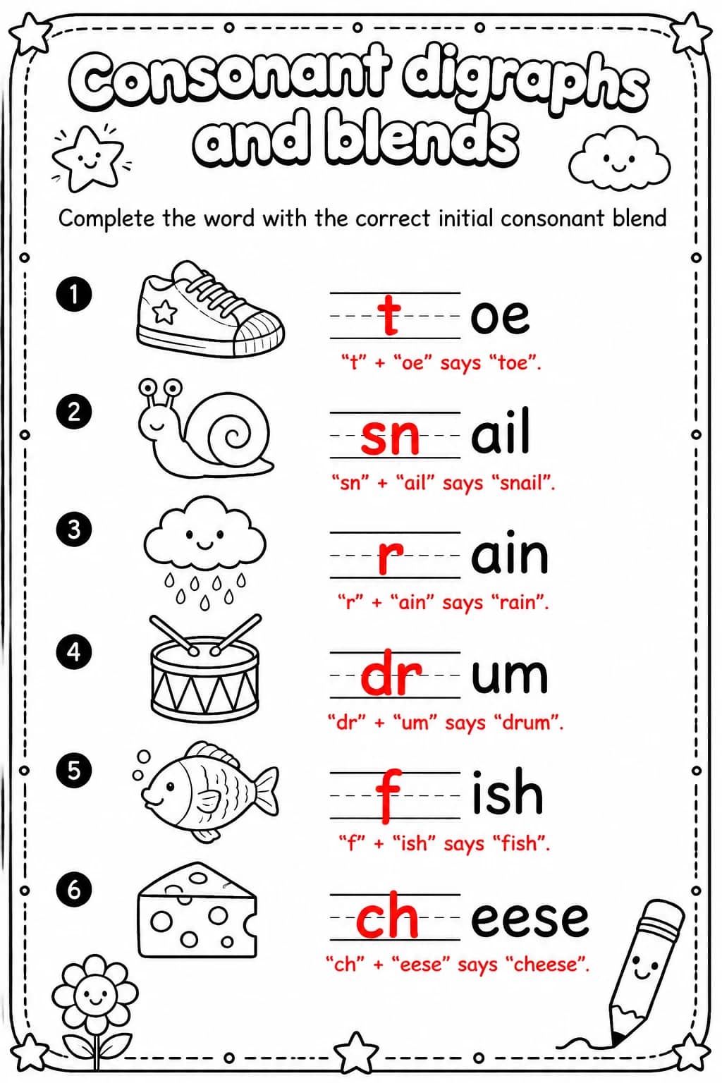 Answer key for Complete the word with the correct initial consonant blend — free printable English & Reading worksheet