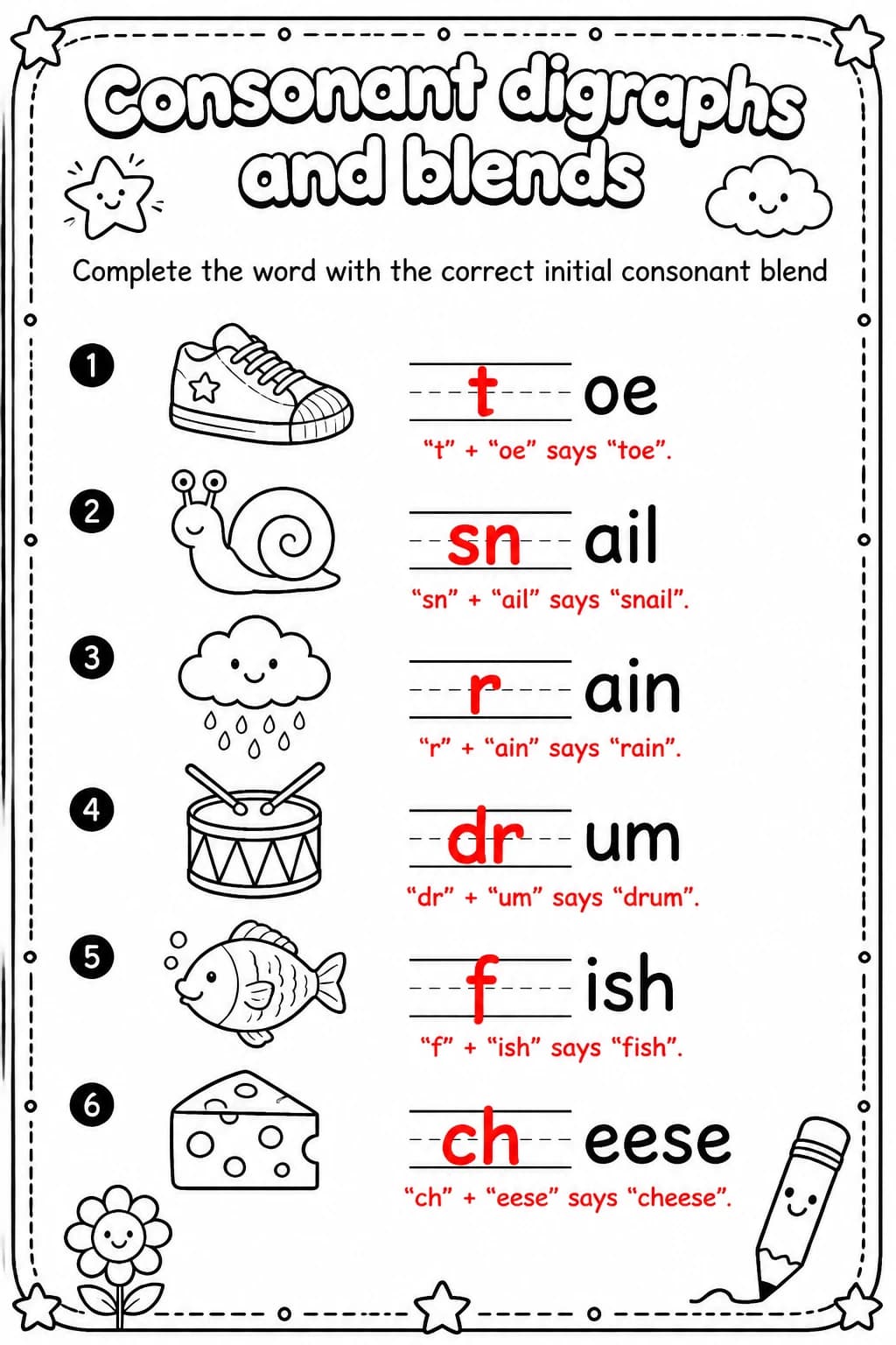 Answer key for Complete the word with the correct initial consonant blend — free printable English & Reading worksheet