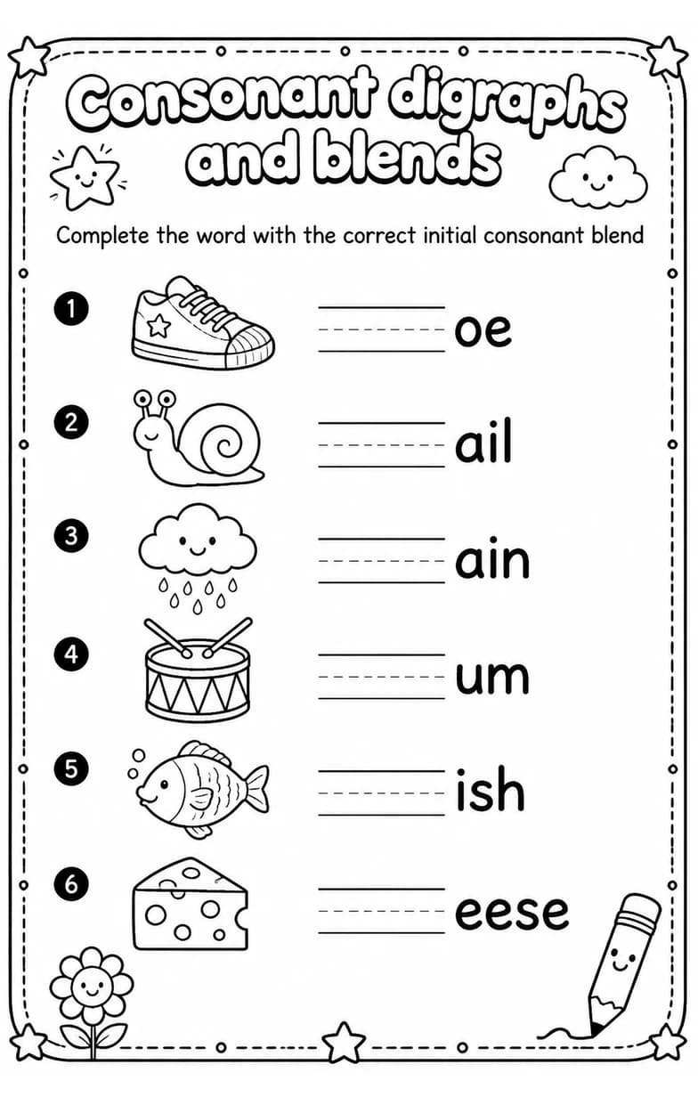 Complete the word with the correct initial consonant blend — free printable Reading foundations English worksheet
