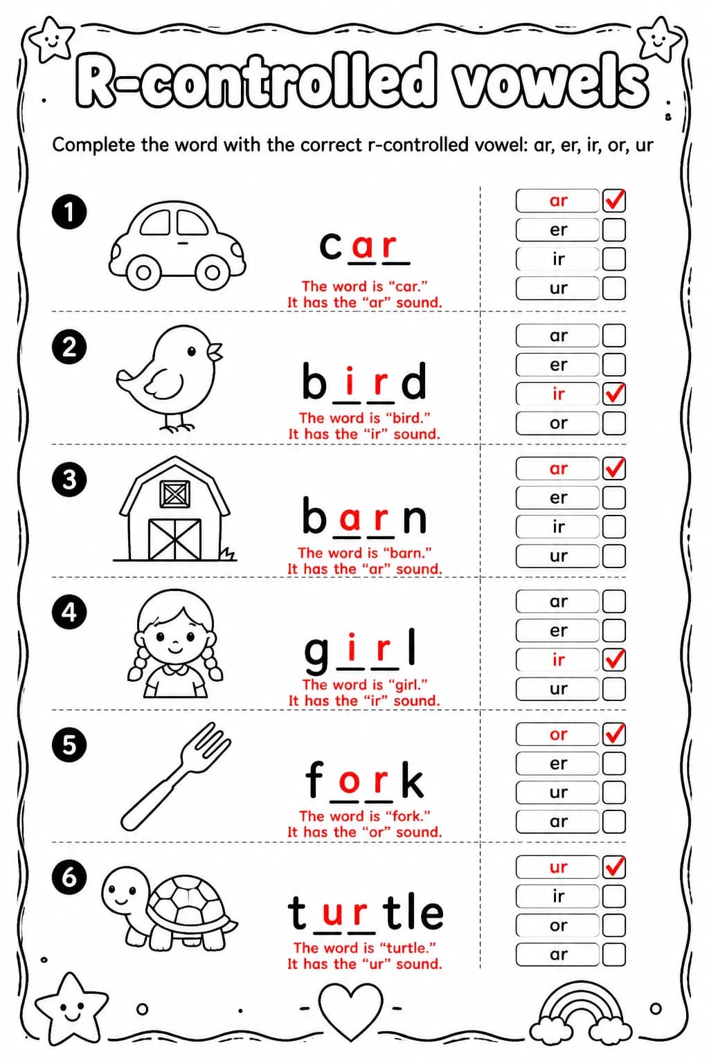 Answer key for Complete the word with the correct r-controlled vowel: ar, er, ir, or, ur — free printable English & Reading worksheet