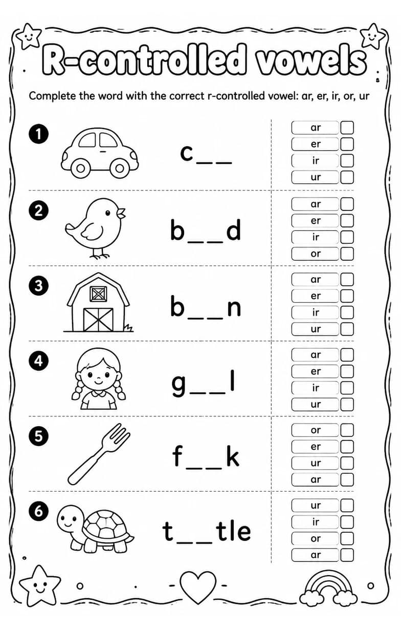 Complete the word with the correct r-controlled vowel: ar, er, ir, or, ur — free printable Reading foundations English worksheet