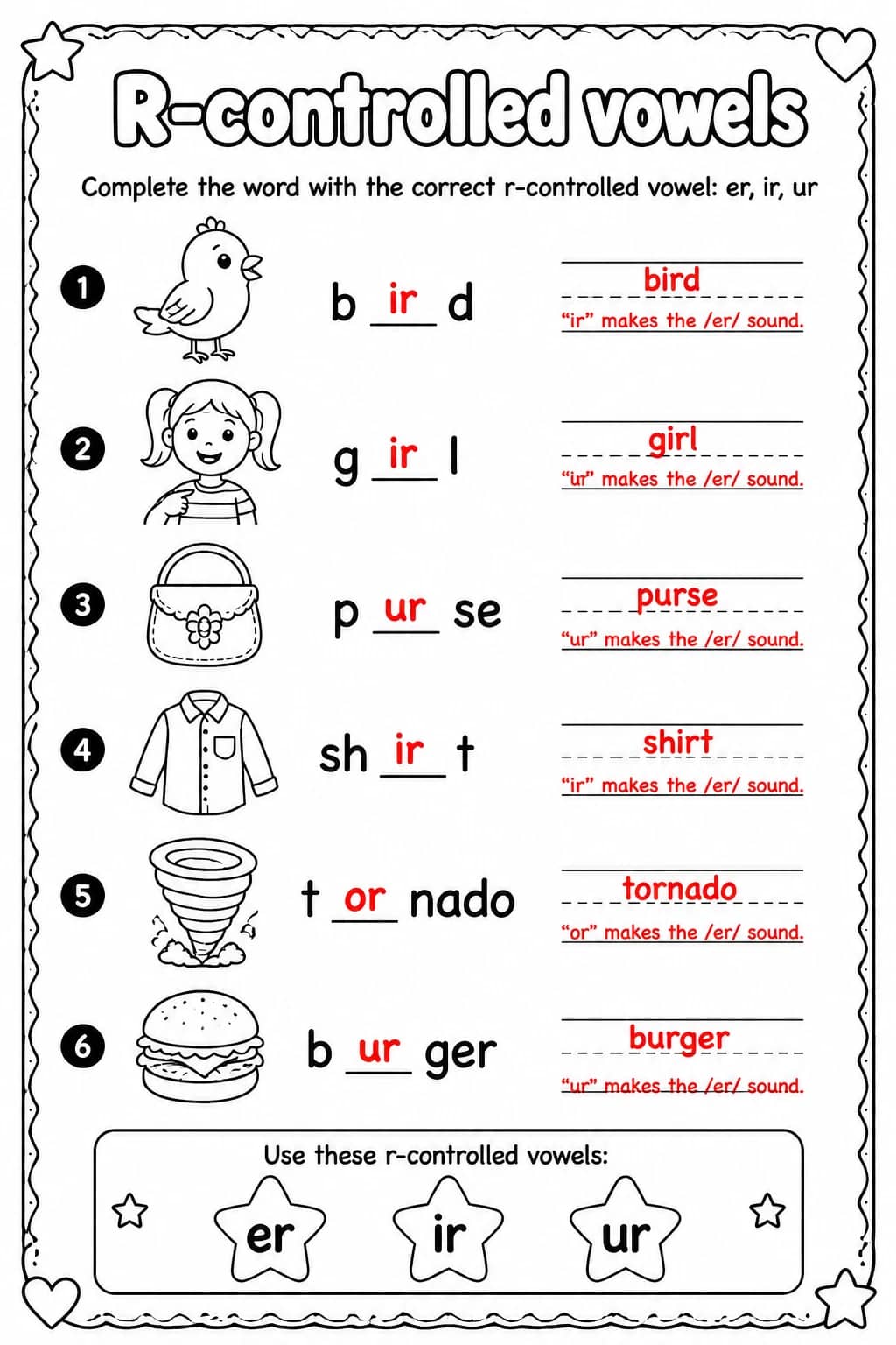 Answer key for Complete the word with the correct r-controlled vowel: er, ir, ur — free printable English & Reading worksheet
