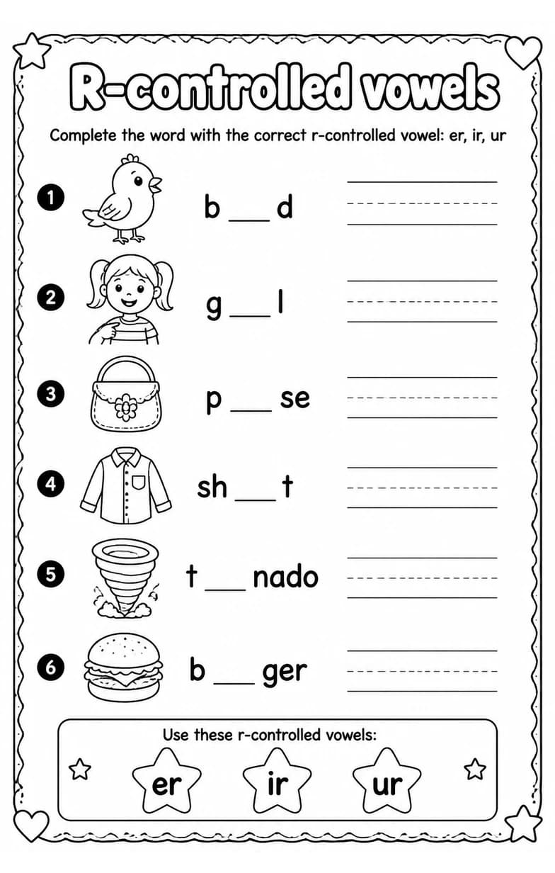 Complete the word with the correct r-controlled vowel: er, ir, ur — free printable Grade 2 English & Reading worksheet