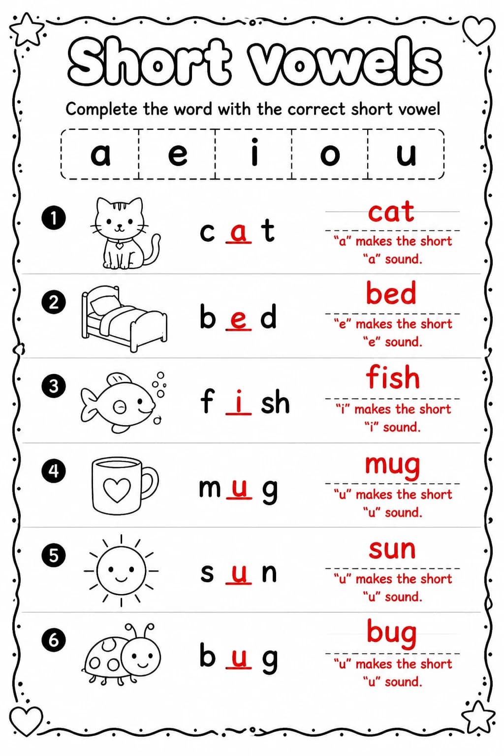 Answer key for Complete the word with the correct short vowel — free printable English & Reading worksheet