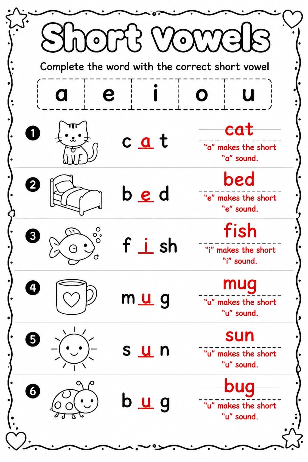 Answer key for Complete the word with the correct short vowel — free printable English & Reading worksheet