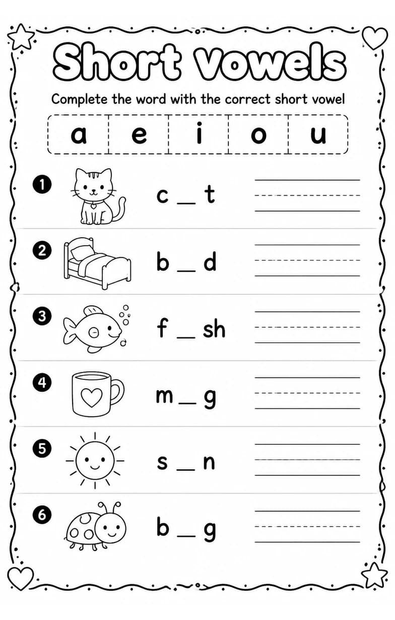 Complete the word with the correct short vowel — free printable Grade 2 English & Reading worksheet