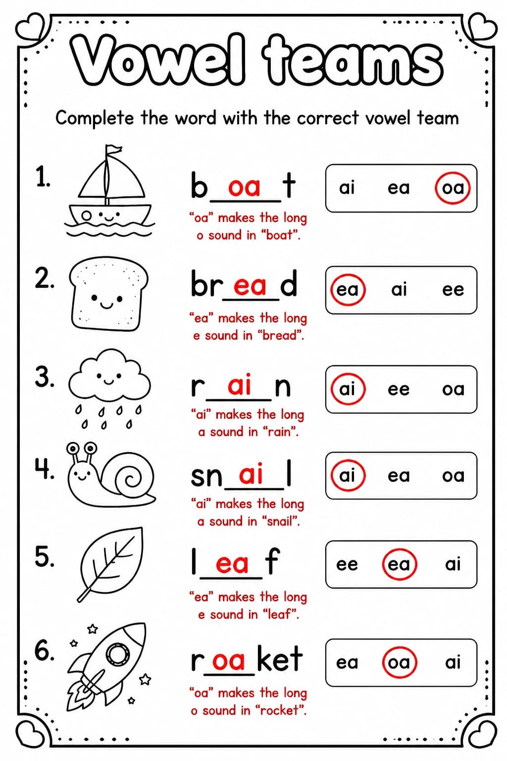 Answer key for Complete the word with the correct vowel team — free printable English & Reading worksheet