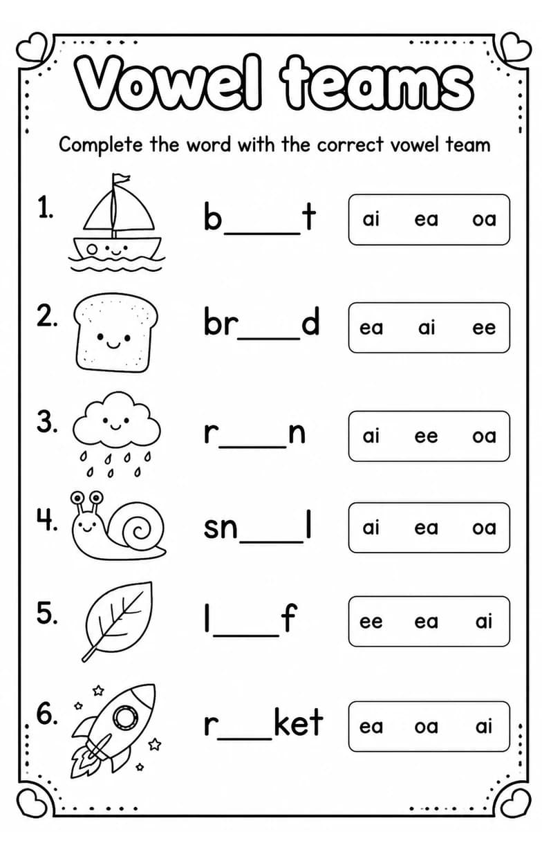 Complete the word with the correct vowel team — free printable Grade 2 English & Reading worksheet