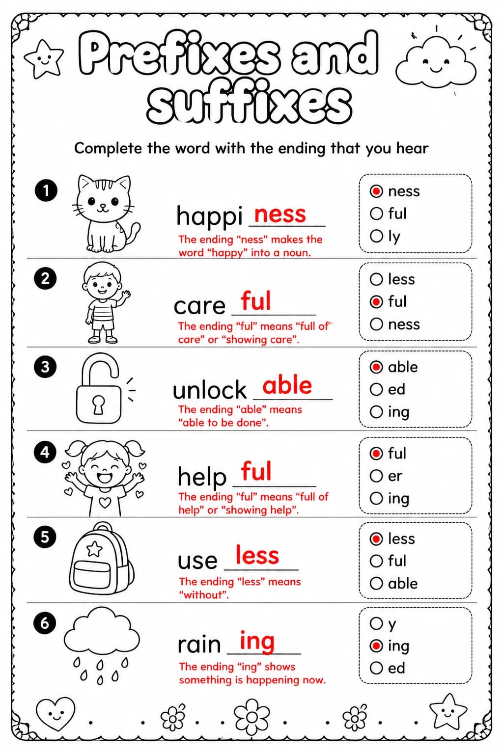 Answer key for Complete the word with the ending that you hear — free printable English & Reading worksheet