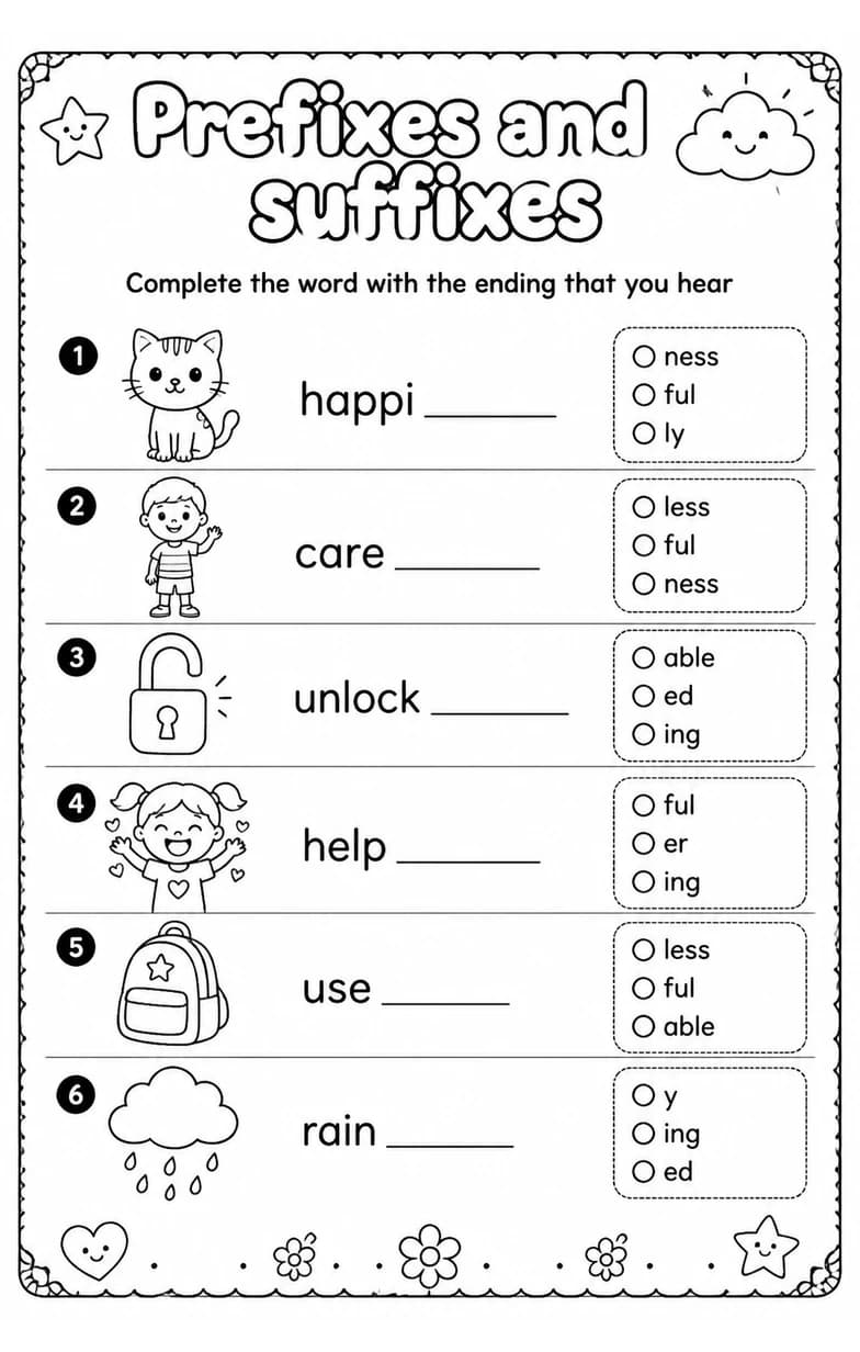 Complete the word with the ending that you hear — free printable Grade 2 English & Reading worksheet