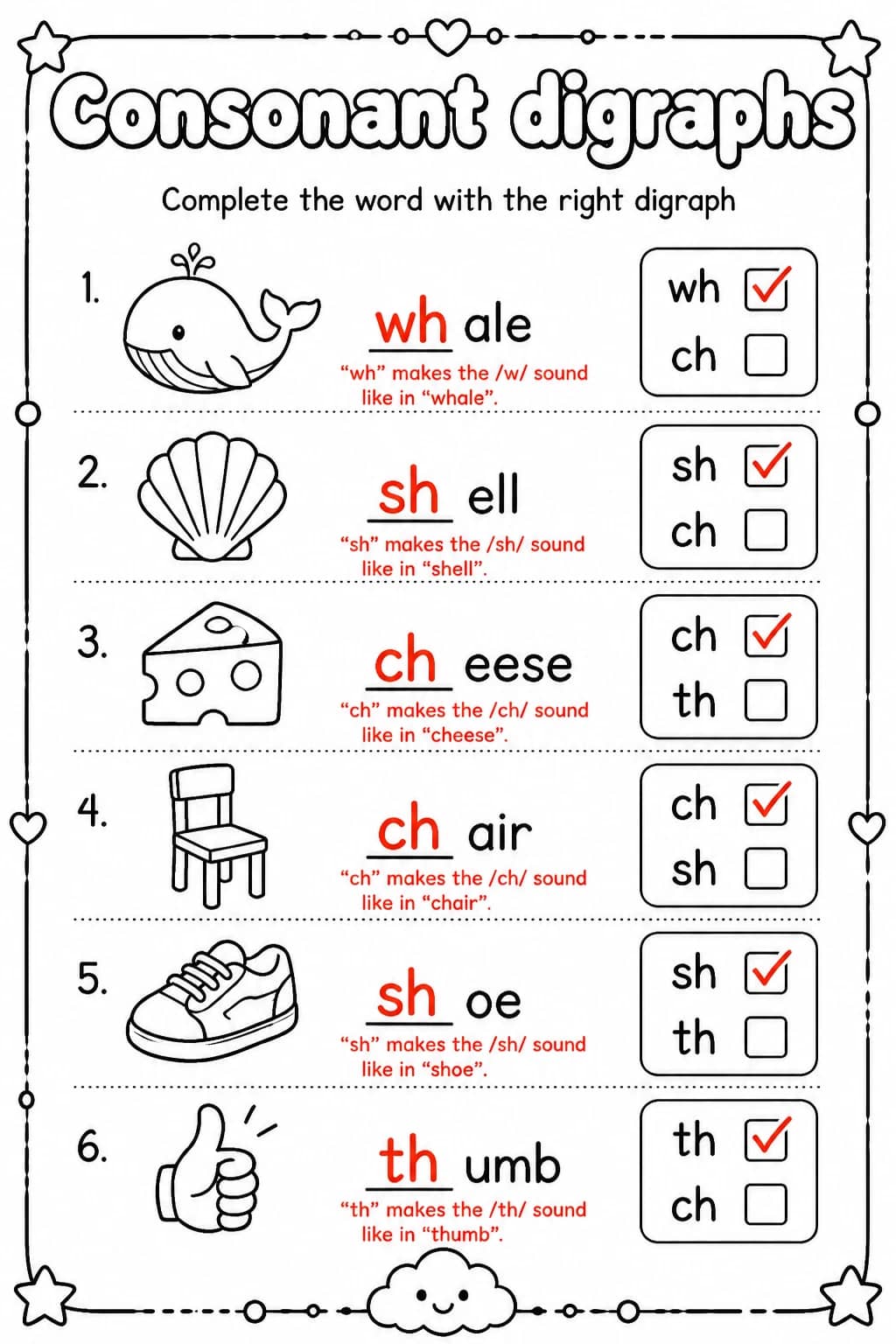 Answer key for Complete the word with the right digraph — free printable English & Reading worksheet